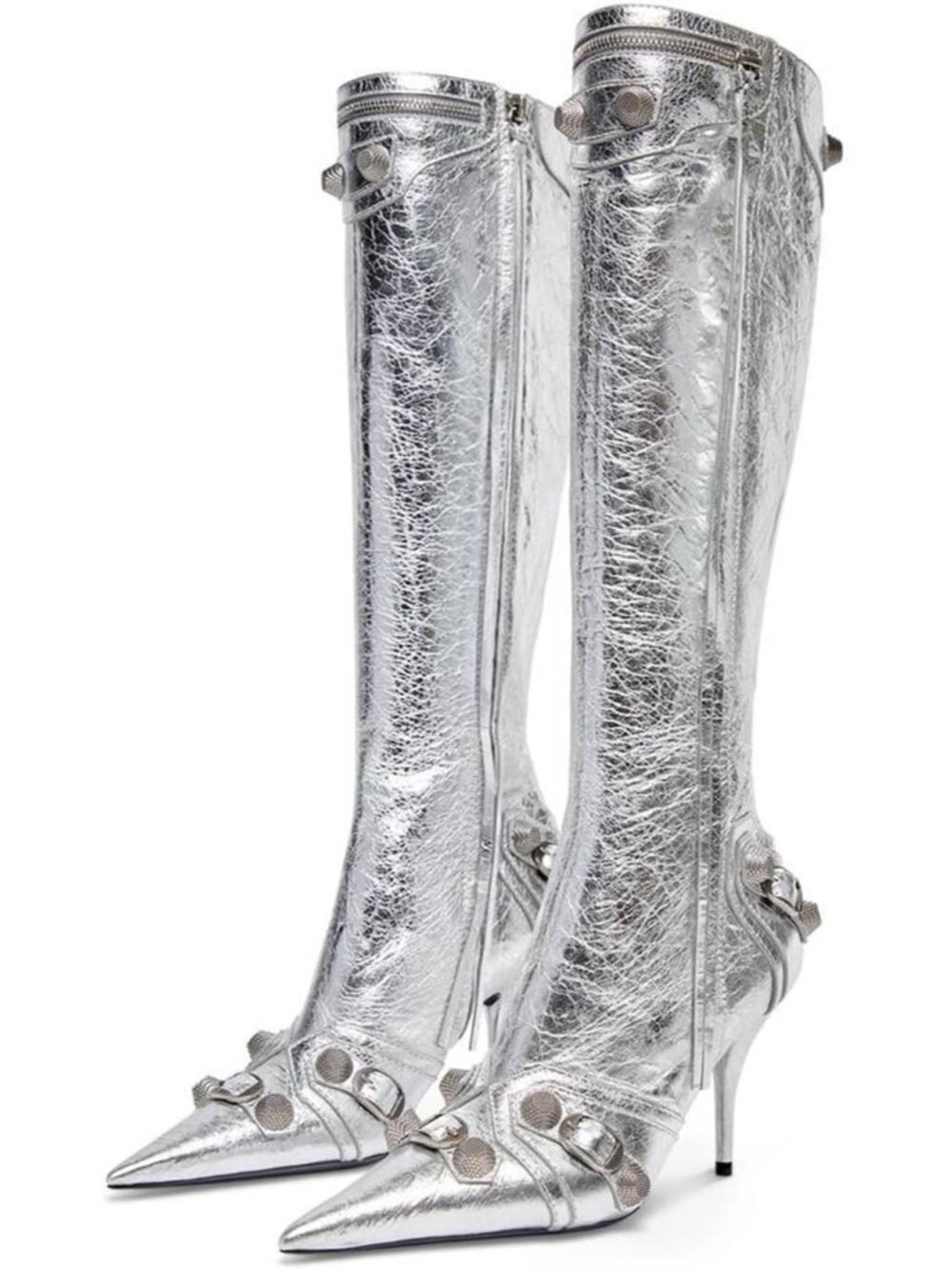 Women's Silver Stiletto Knee High Boots Pointed Toe Boot High Heel Boots Zipper